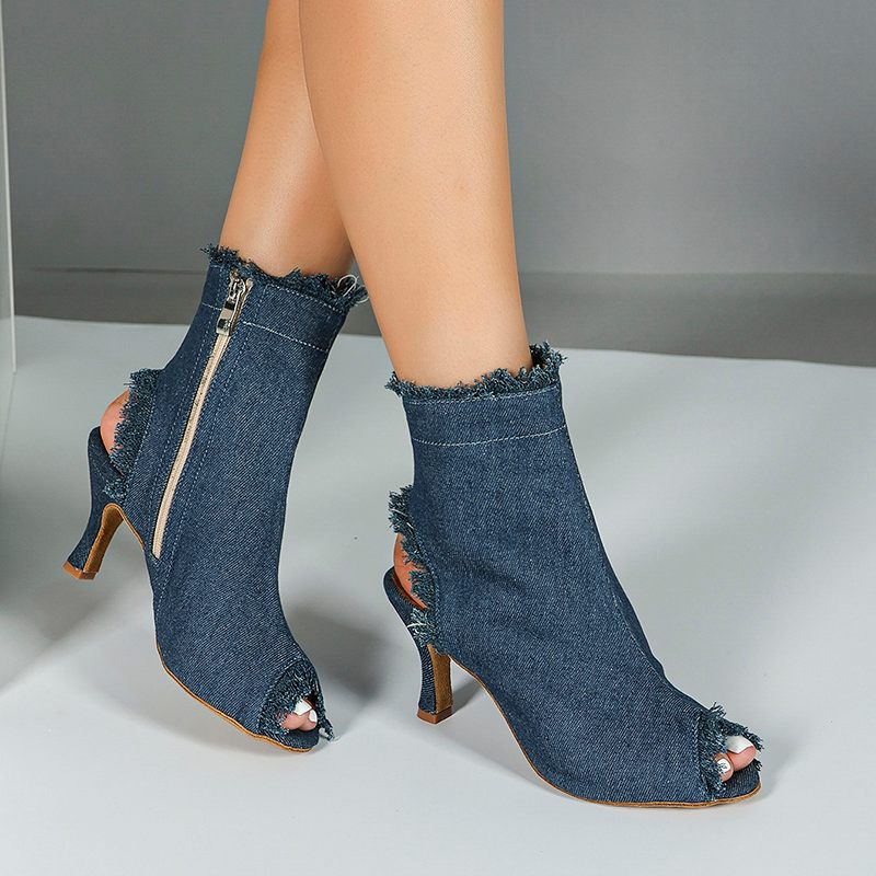 DS Women's Blue Denim Customized Heel Dance Boots Salsa Jazz Dance Shoes
