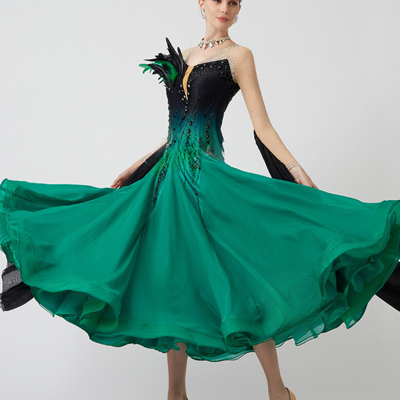 YUN Customisable-Women's Long Sleeve  V Neck Diamonds Waltz Modern Ballroom Dance Dress Competition Dresses