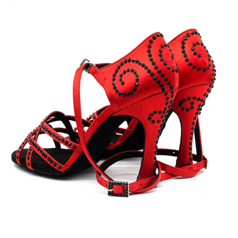 DS Women's Red Customized Heel Open Toe Strappy Latin Dance Shoes with Crystals