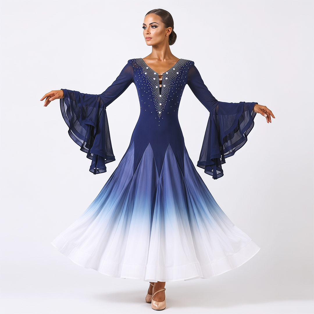 Customisable-Women's Horn Sleeve Waltz Ballroom Dance Competition Modern Dance Large Swing Dress