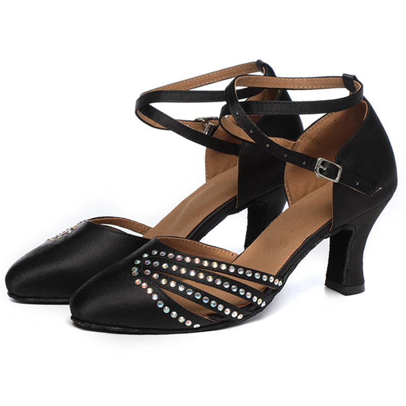 HW Women's Black Satin Customized Heels Ballroom Dance Shoes Modern Shoes