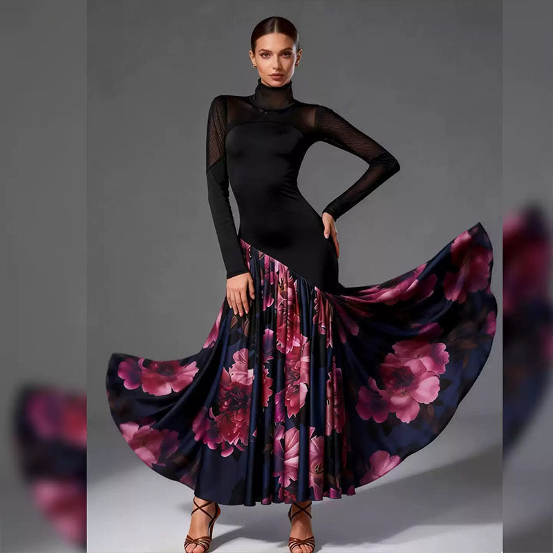 YJFY Women's Black Mesh Latin Dance Dress Dance Wear Training Performance Dress