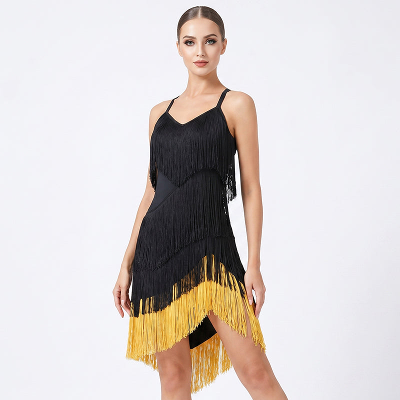 Customisable-Women's Black Tassel  Sleeveless Performance Latin Dance Dress Dance Wear