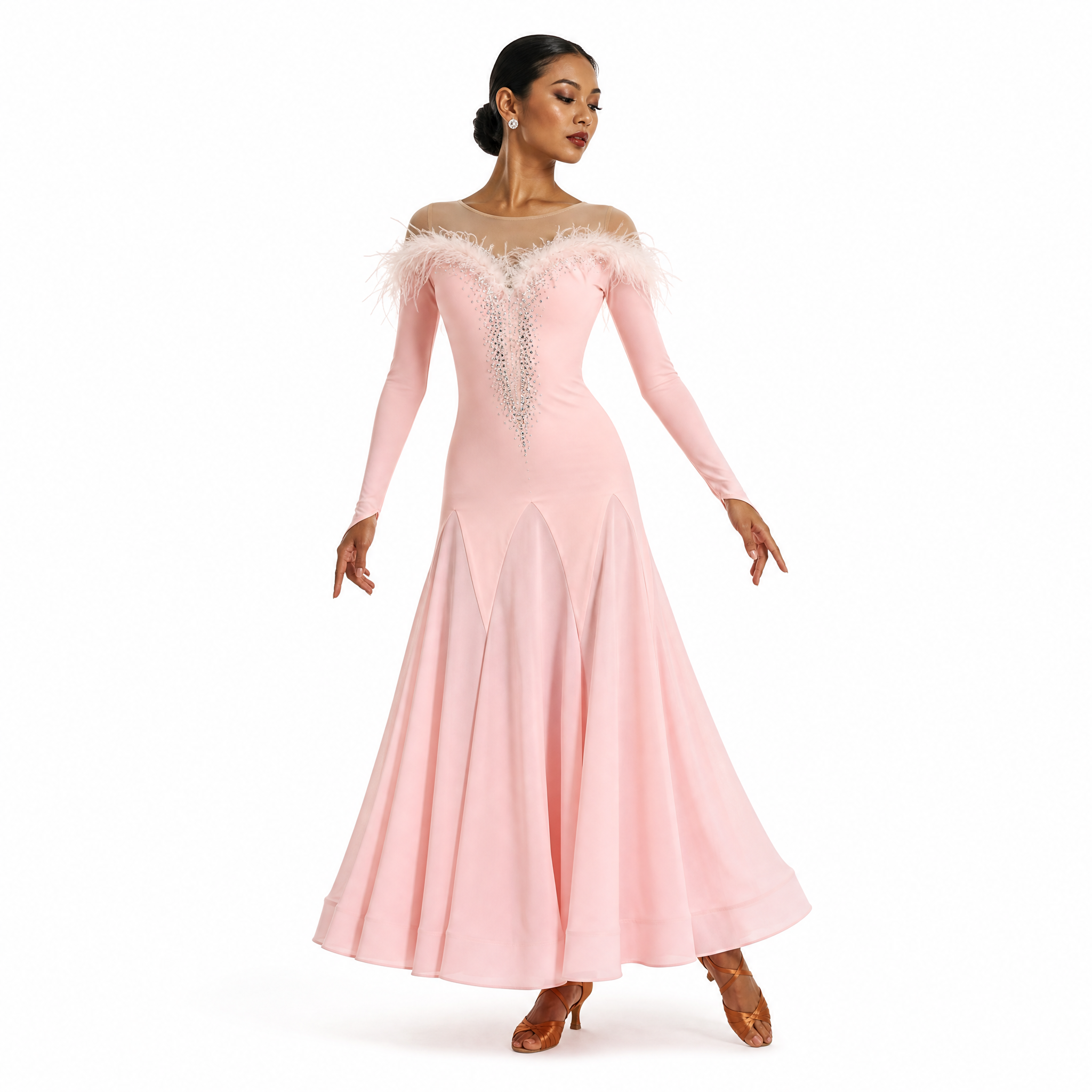 Customisable-Women's Pink Round Neck Long Sleeve DanceWear Ballroom Dance Dress