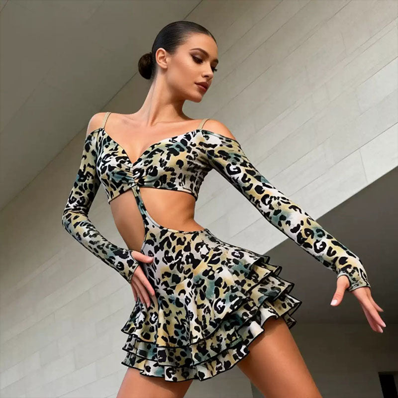 YJFY Women's color-block Leopard Latin Dance Dress Dance Wear Training Performance Dress