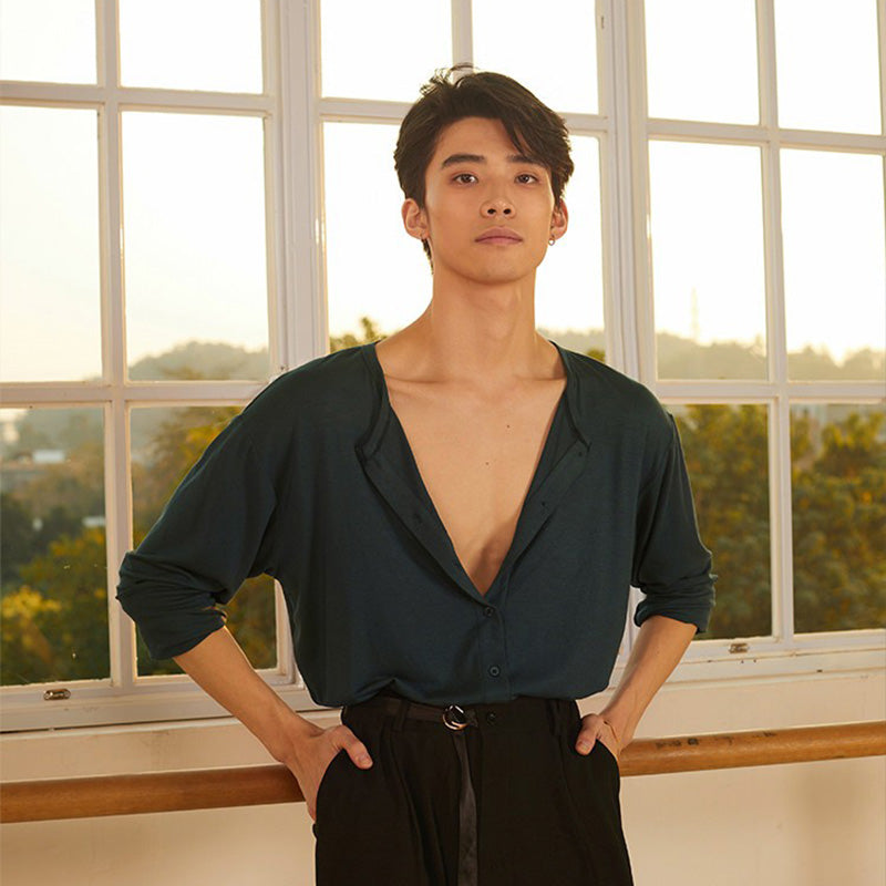 Z Men's Long Sleeve V Neck Latin Dance Tops Dance Wear