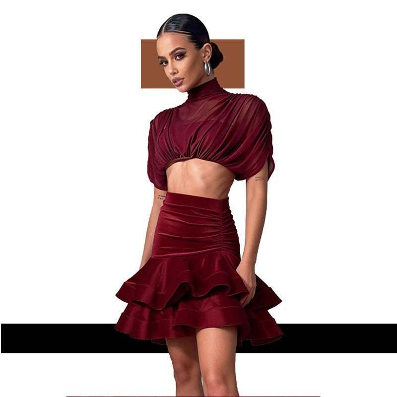 YJFY Women's Dark Red Latin Dance Sets Dance Wear Training Performance Dress Sets