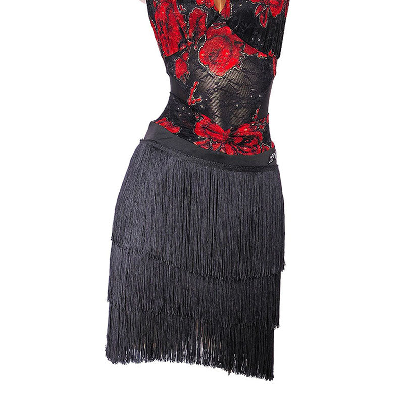 YJFY Women's Black Tassels Latin Dance Skirt Dance Wear Training Performance Skirts(Without Long Gloves)