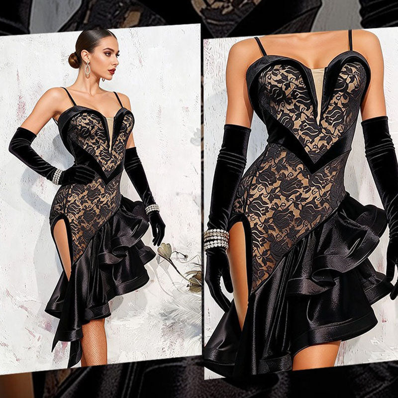 YJFY Women's Black Lace Latin Dance Dress Dance Wear Training Performance Dress (With Gloves)