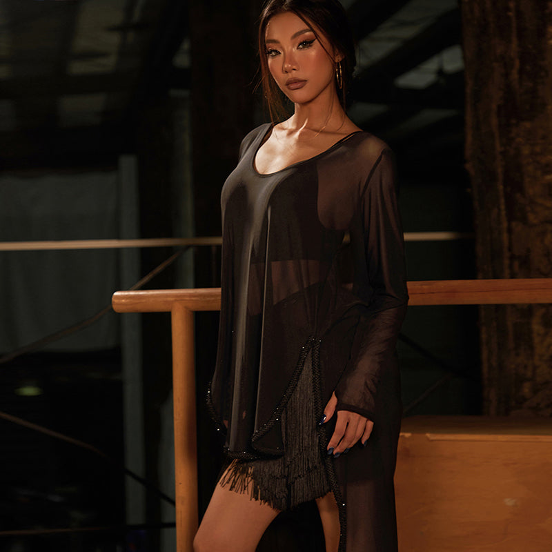 Z Women's Long Sleeve Mesh Latin Dance Dress Dance Wear Training Performance Dress