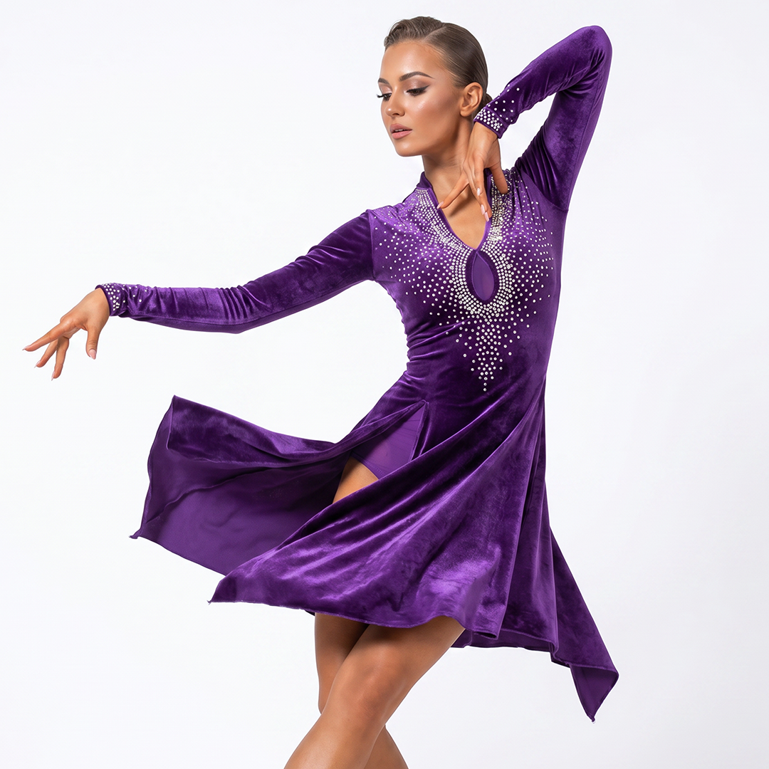 Customisable-Women's Performance Long Sleeve Velvet Tassels Latin Salsa Dance Dress Competition Dress