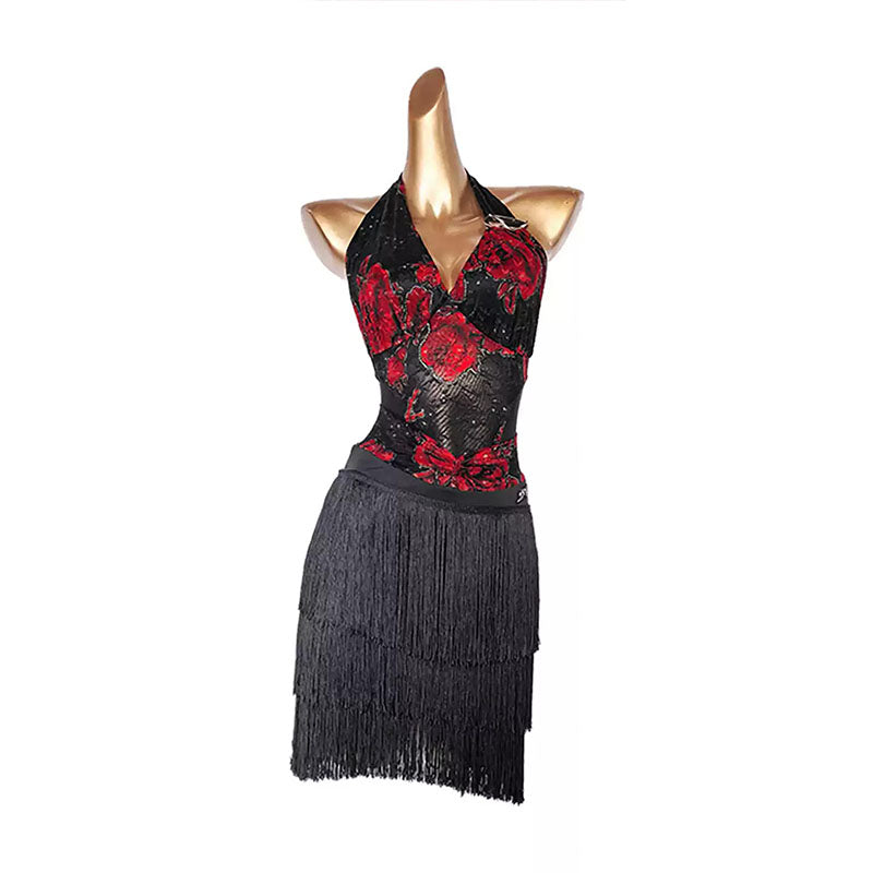 YJFY Women's Black Tassels Latin Dance Skirt Dance Wear Training Performance Skirts(Without Long Gloves)