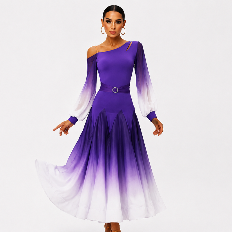 Customisable-Women's Purple Off Shoulder Long Sleeve DanceWear Ballroom Dance Dress