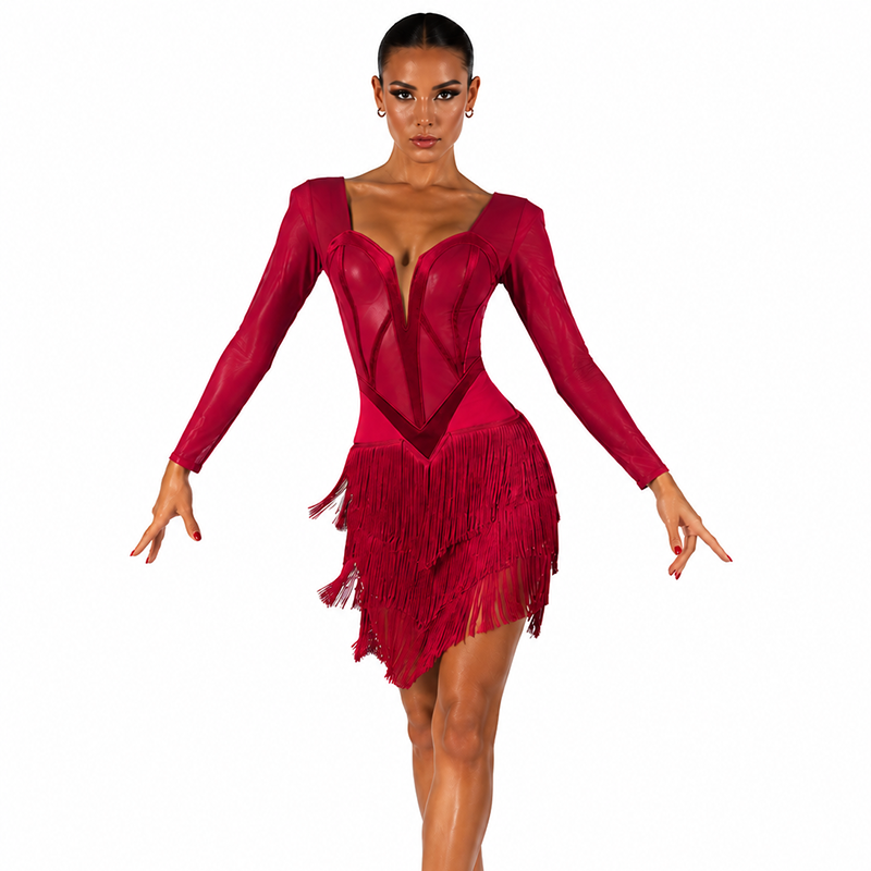 YZY Customisable-Women's Red Long Sleeve Tassel DanceWear Dance Dress Performance Wear