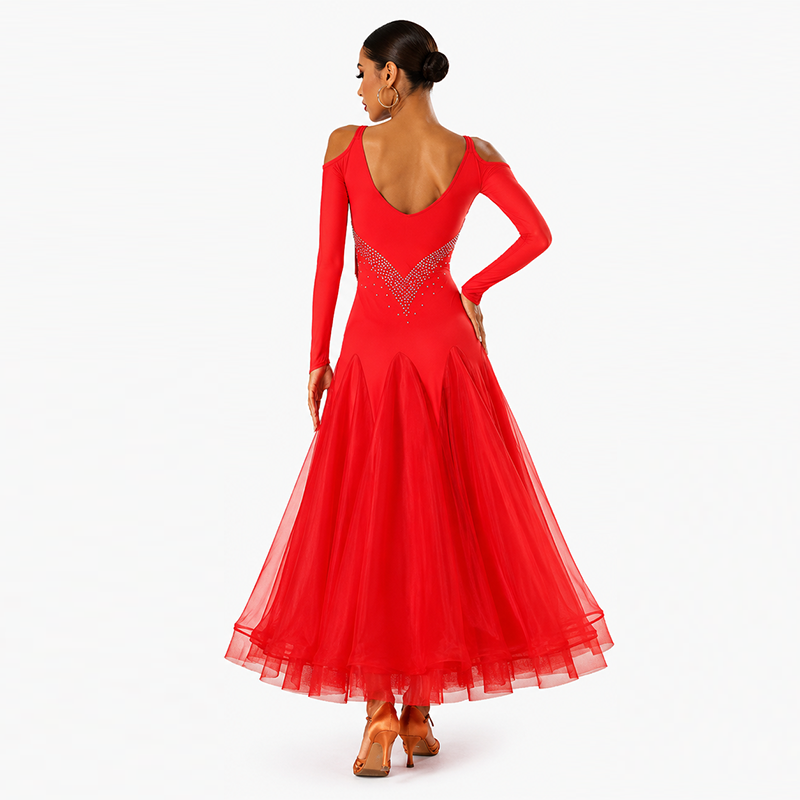Customisable-Women's Long Sleeve Red Tassel Modern Dance Performance Dress Ballroom Dance Dress