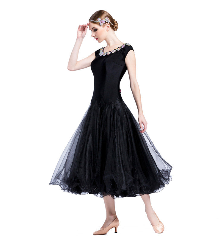 YUN Customisable-Women's Sleeveless Mesh Diamonds Waltz Modern Ballroom Dance Dress