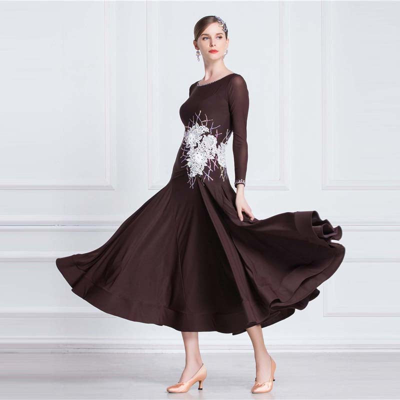 YUN Customisable-Women's Long Sleeve Applique with Diamonds Waltz Modern Ballroom Dance Dress