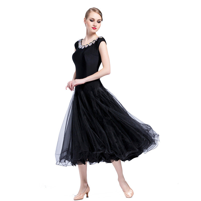 YUN Customisable-Women's Sleeveless Mesh Diamonds Waltz Modern Ballroom Dance Dress