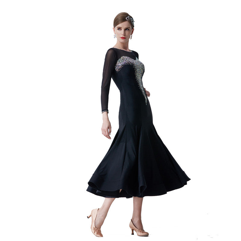 YUN Customisable-Women's Long Sleeve Mesh Diamonds Dress For Ballroom Dancing standard/Smooth Dress