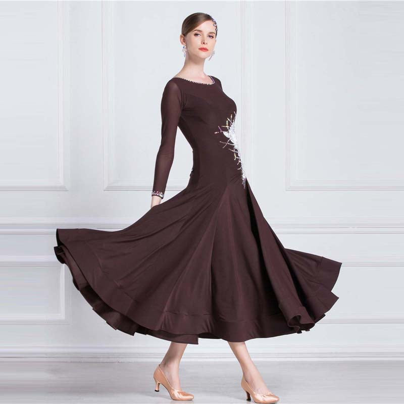YUN Customisable-Women's Long Sleeve Applique with Diamonds Waltz Modern Ballroom Dance Dress