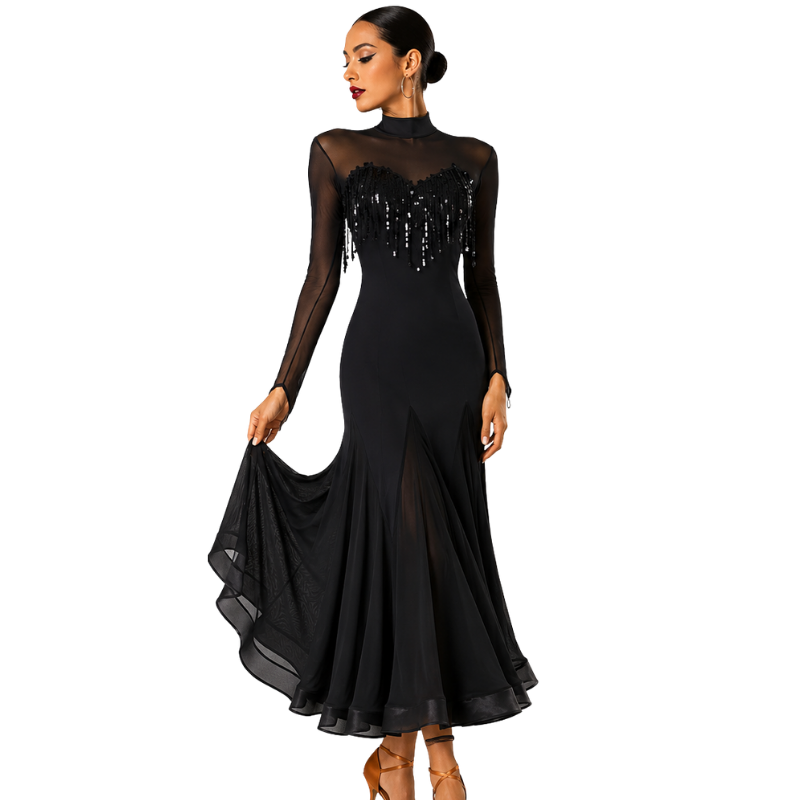 Customisable-Women's Black Long Sleeve Modern Dance Performance Dress Ballroom Dance Dress