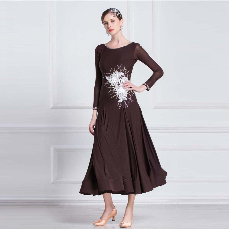 YUN Customisable-Women's Long Sleeve Applique with Diamonds Waltz Modern Ballroom Dance Dress