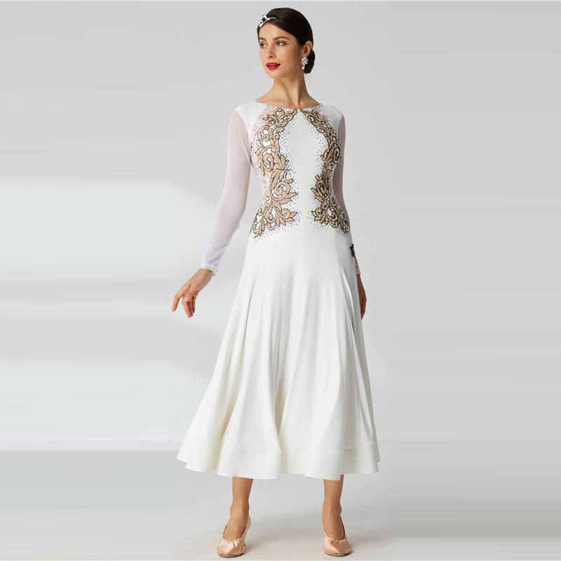 YUN Customisable-Women's Long Sleeve Lace Diamonds Dress For Ballroom Dancing Smooth Dress