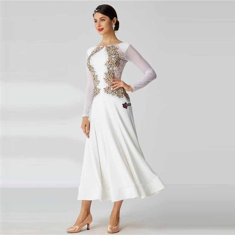 YUN Customisable-Women's Long Sleeve Lace Diamonds Dress For Ballroom Dancing Smooth Dress