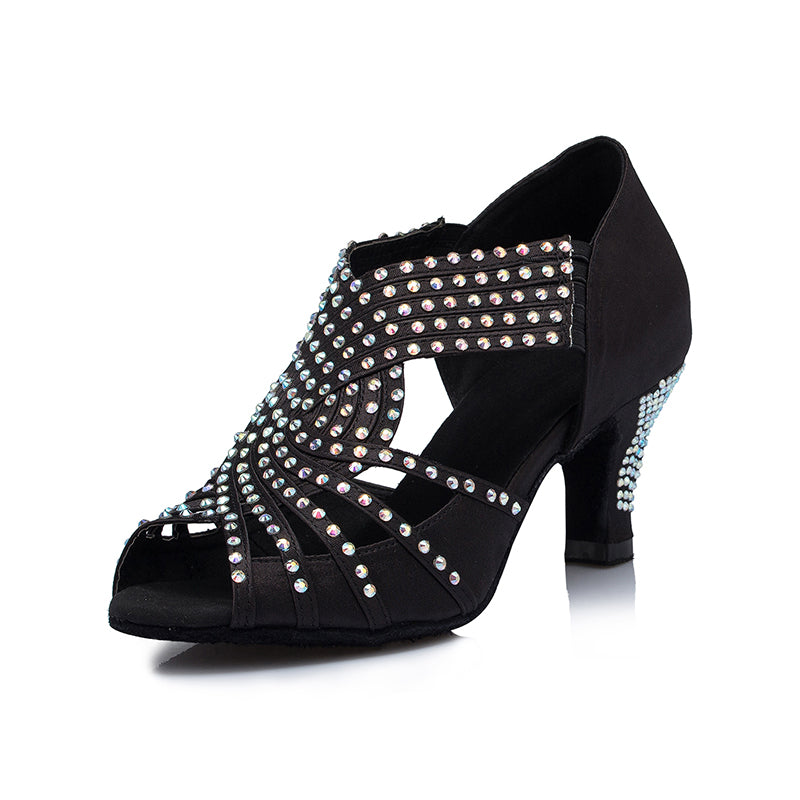 Women's Satin Black Rhinestone Customized Heels Dance Boots Salsa Dance Shoes