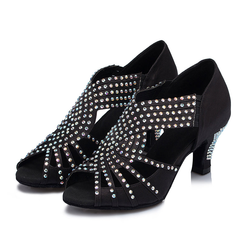Women's Satin Black Rhinestone Customized Heels Dance Boots Salsa Dance Shoes