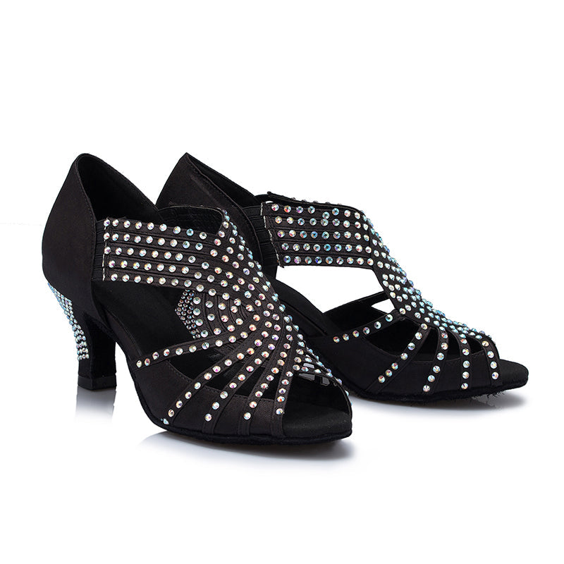 Women's Satin Black Rhinestone Customized Heels Dance Boots Salsa Dance Shoes