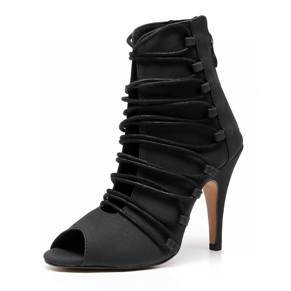 Women's Canvan Customized  Heel Open Toe Lace Up Stiletto Rubber Sole Dance Boots Jazz Salsa Dance Shoes