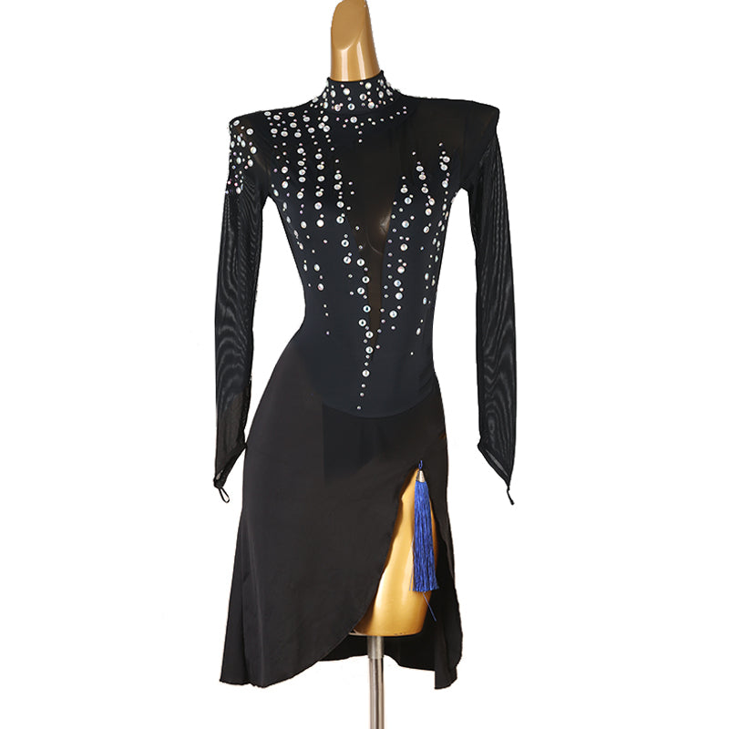 YZY Customisable-Women's Black Long Sleeve Tassel DanceWear Dance Dress Performance Wear