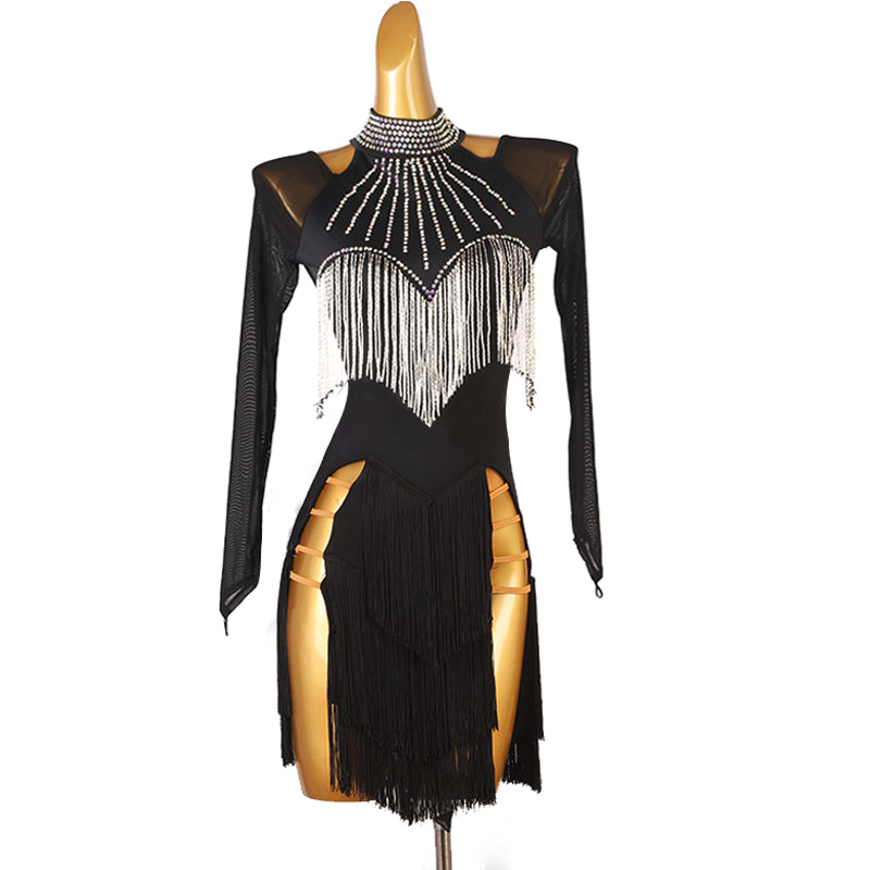 Customisable-Women's Long Sleeve Tassel Dance Wear Dance Dress Performance Wear