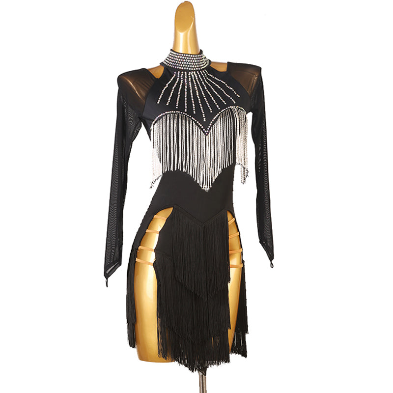 Customisable-Women's Long Sleeve Tassel Dance Wear Dance Dress Performance Wear