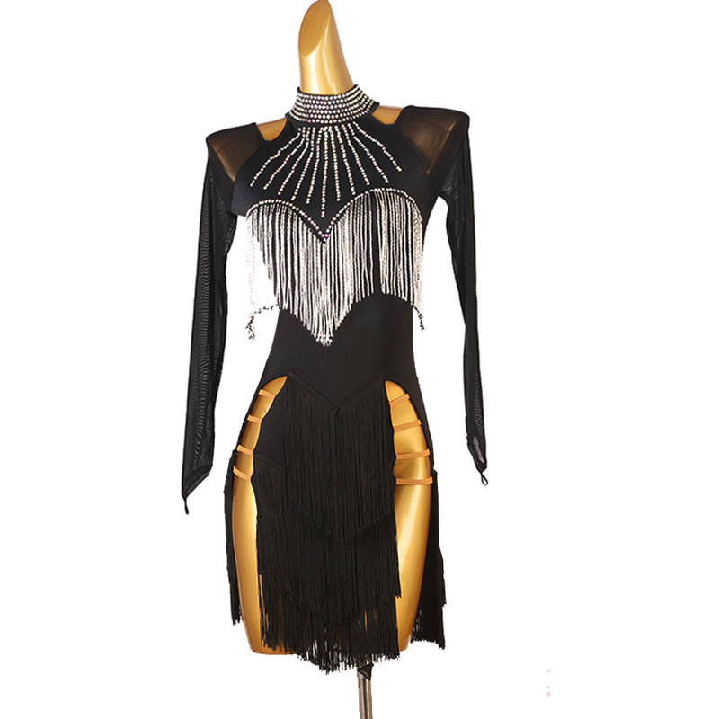 Customisable-Women's Long Sleeve Tassel Dance Wear Dance Dress Performance Wear