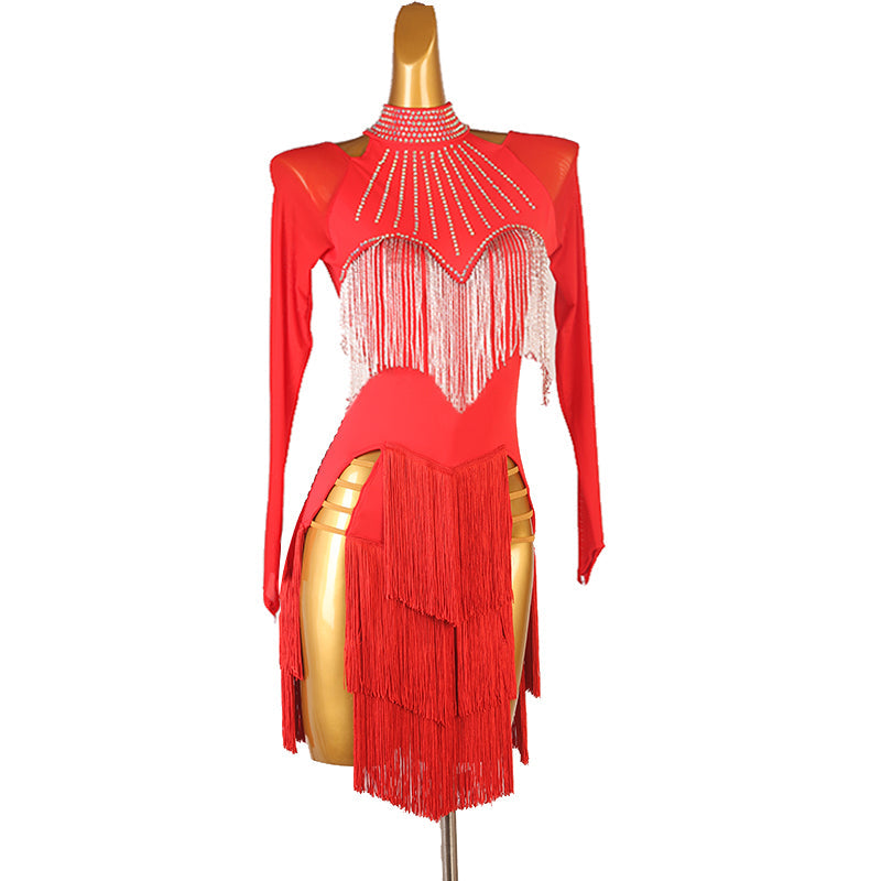 Customisable-Women's Long Sleeve Tassel Dance Wear Dance Dress Performance Wear