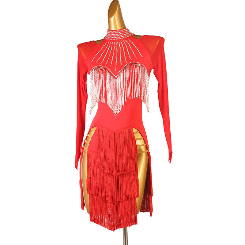 Customisable-Women's Long Sleeve Tassel Dance Wear Dance Dress Performance Wear
