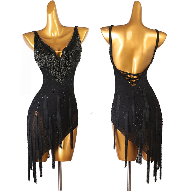Customisable-Women's Black Tassel Dance Wear Dance Dress Performance Wear