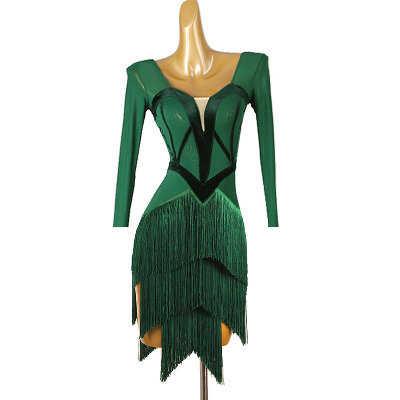 Customisable-Women's Green Tassel Dance Wear Dance Dress Performance Wear