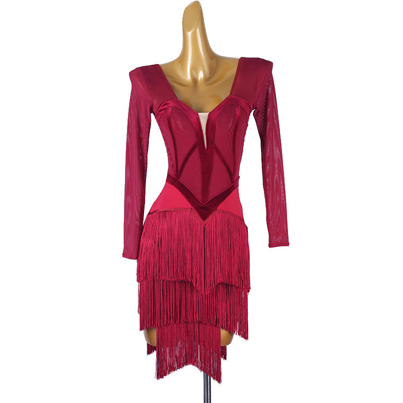 YZY Customisable-Women's Red Long Sleeve Tassel DanceWear Dance Dress Performance Wear