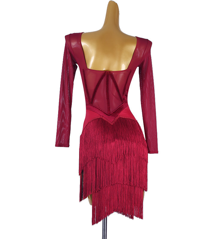 YZY Customisable-Women's Red Long Sleeve Tassel DanceWear Dance Dress Performance Wear