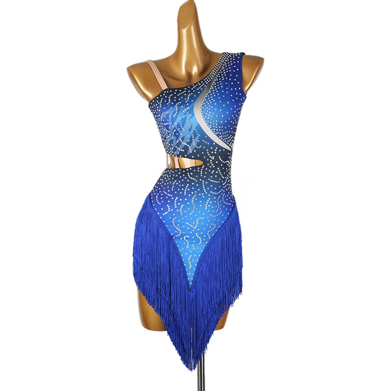 YZY Customisable-Women's Performance Royal Blue Sleeveless Tassels Latin Salsa Dance Dress Competition Dress