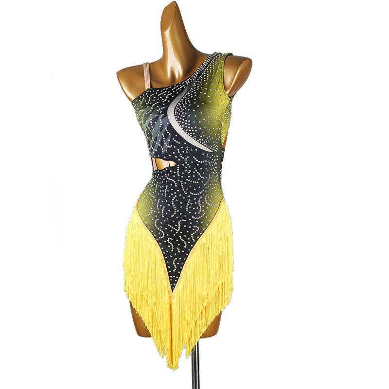 YZY Customisable-Women's Performance Yellow Sleeveless Tassels Latin Salsa Dance Dress Competition Dress