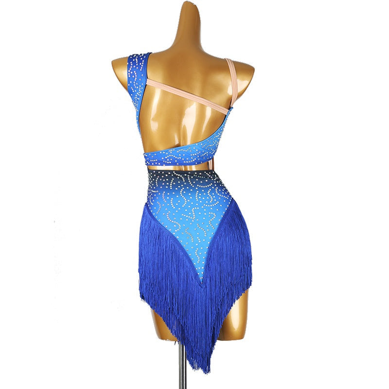 YZY Customisable-Women's Performance Royal Blue Sleeveless Tassels Latin Salsa Dance Dress Competition Dress