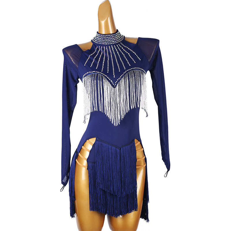 YZY Customisable-Women's Dark Blue Long Sleeve Tassel DanceWear Dance Dress Performance Wear