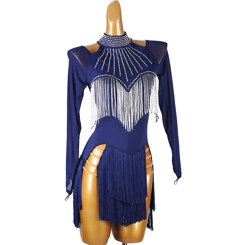 YZY Customisable-Women's Dark Blue Long Sleeve Tassel DanceWear Dance Dress Performance Wear