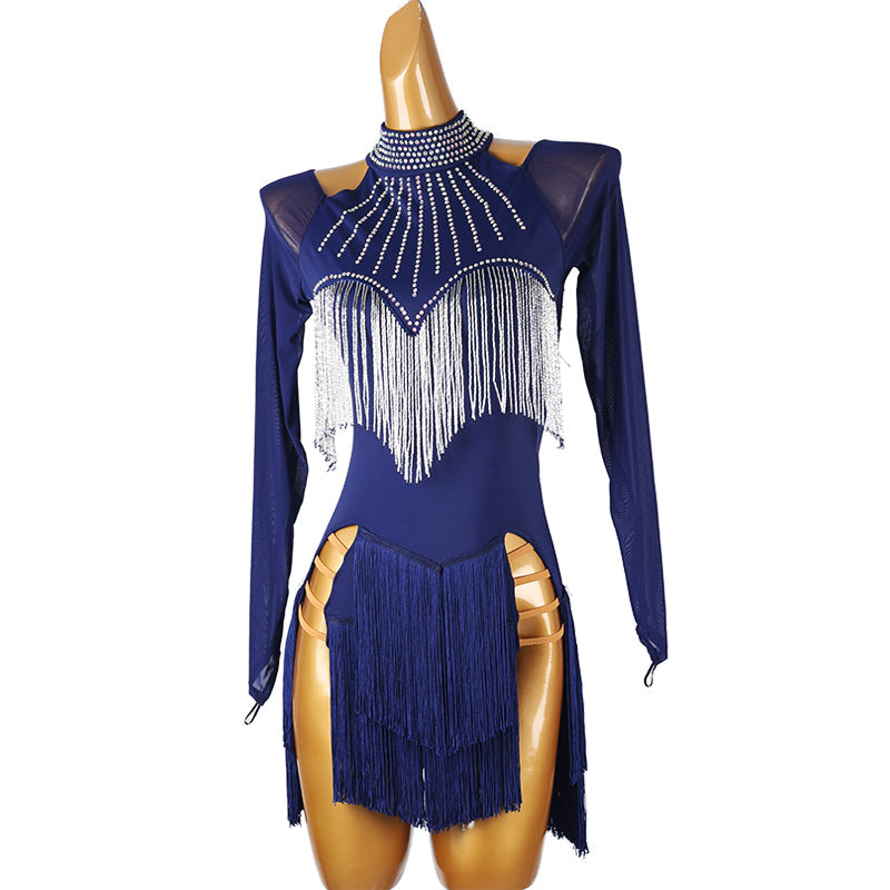 YZY Customisable-Women's Dark Blue Long Sleeve Tassel DanceWear Dance Dress Performance Wear