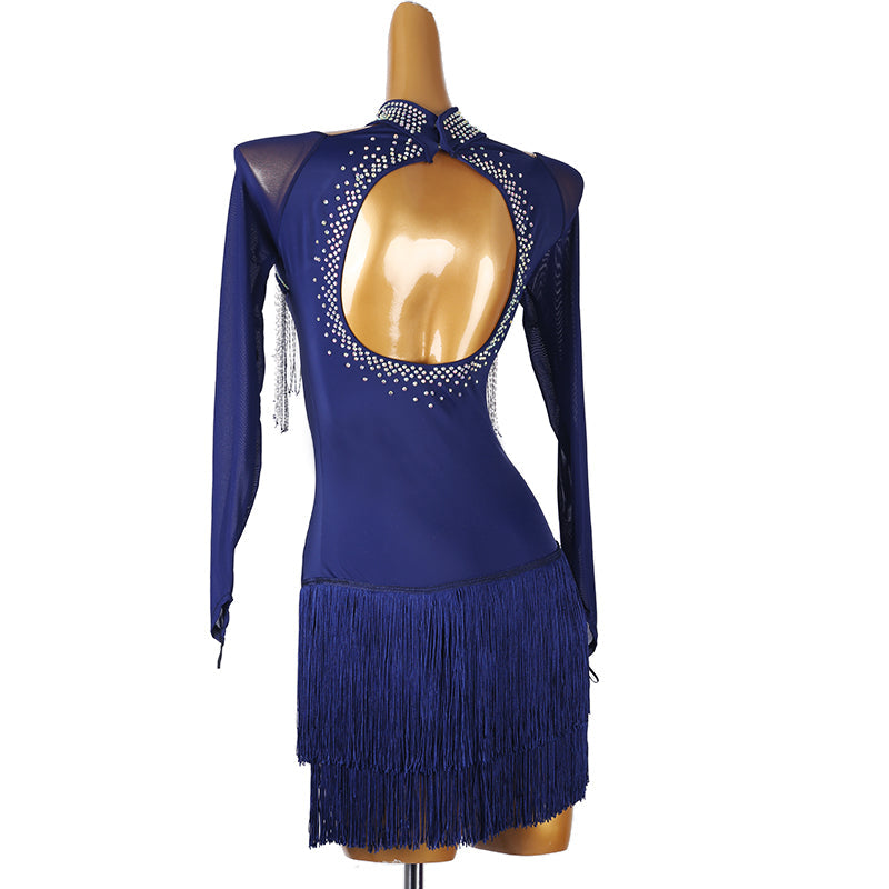YZY Customisable-Women's Dark Blue Long Sleeve Tassel DanceWear Dance Dress Performance Wear