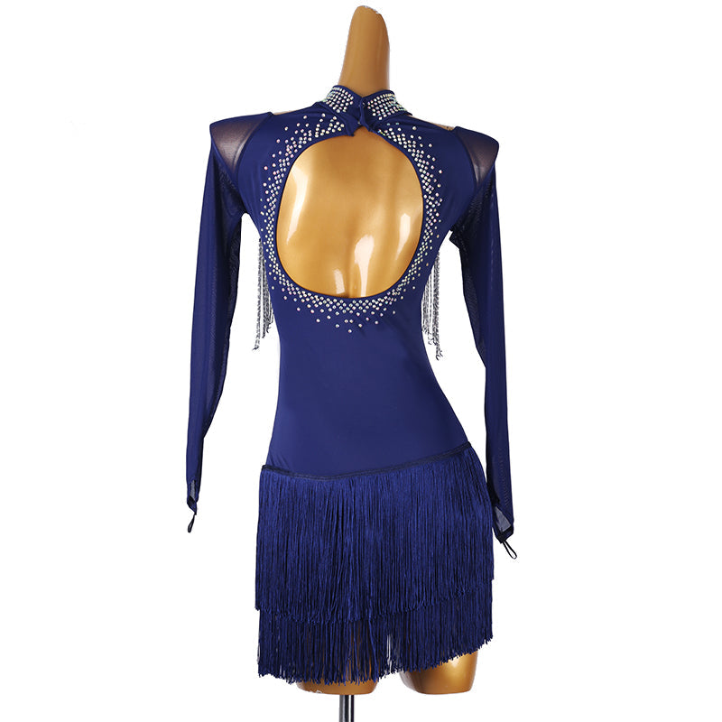 YZY Customisable-Women's Dark Blue Long Sleeve Tassel DanceWear Dance Dress Performance Wear